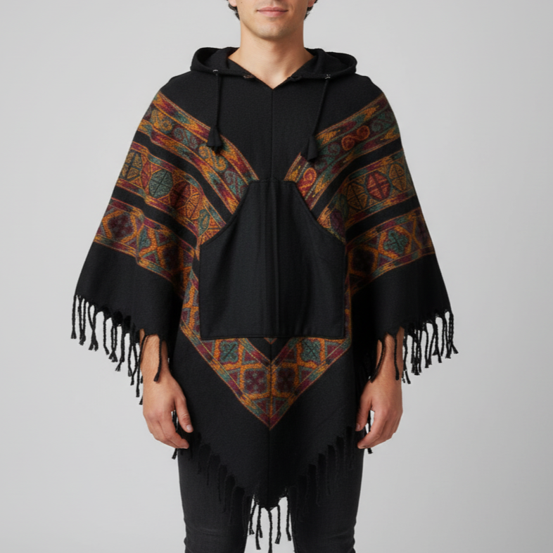 Pahadi Poncho 3 Patti with Hood - Black