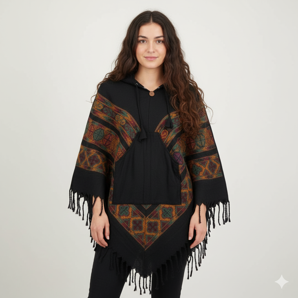 Pahadi Poncho 3 Patti with Hood - Black