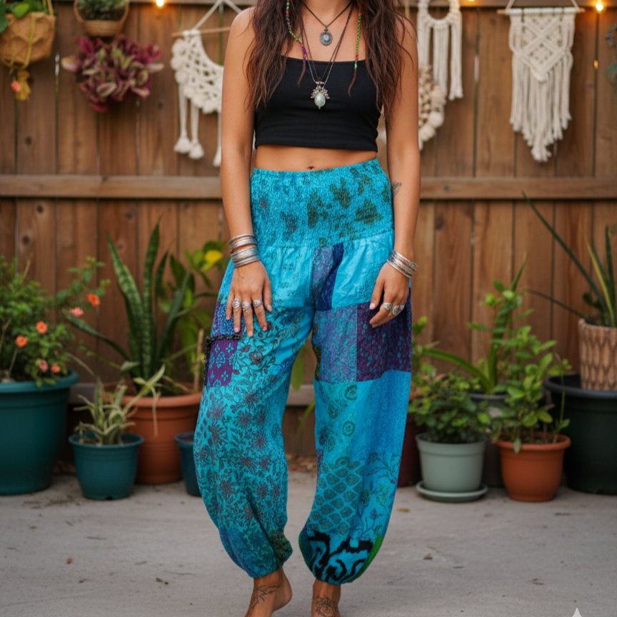 Cotton Patchwork Pants - Kansai Pattern (Turquoise )