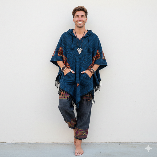 Combo Set - Kullu Poncho + Woollen Pants (Blue + Black)