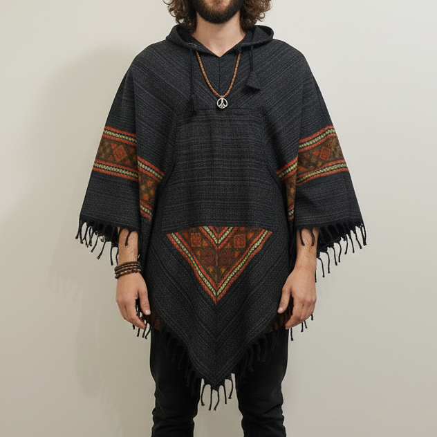 Pahadi Kullu Poncho with Hood - Black