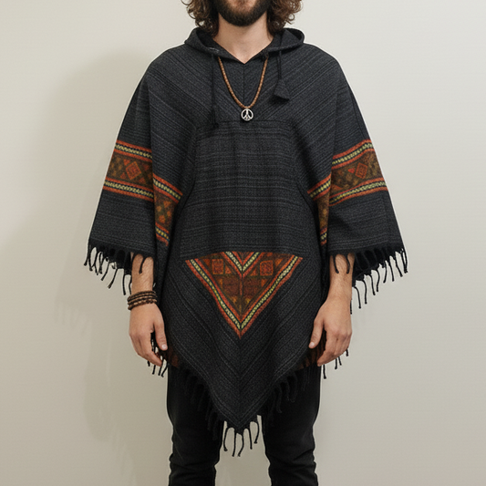 Pahadi Kullu Poncho with Hood - Black