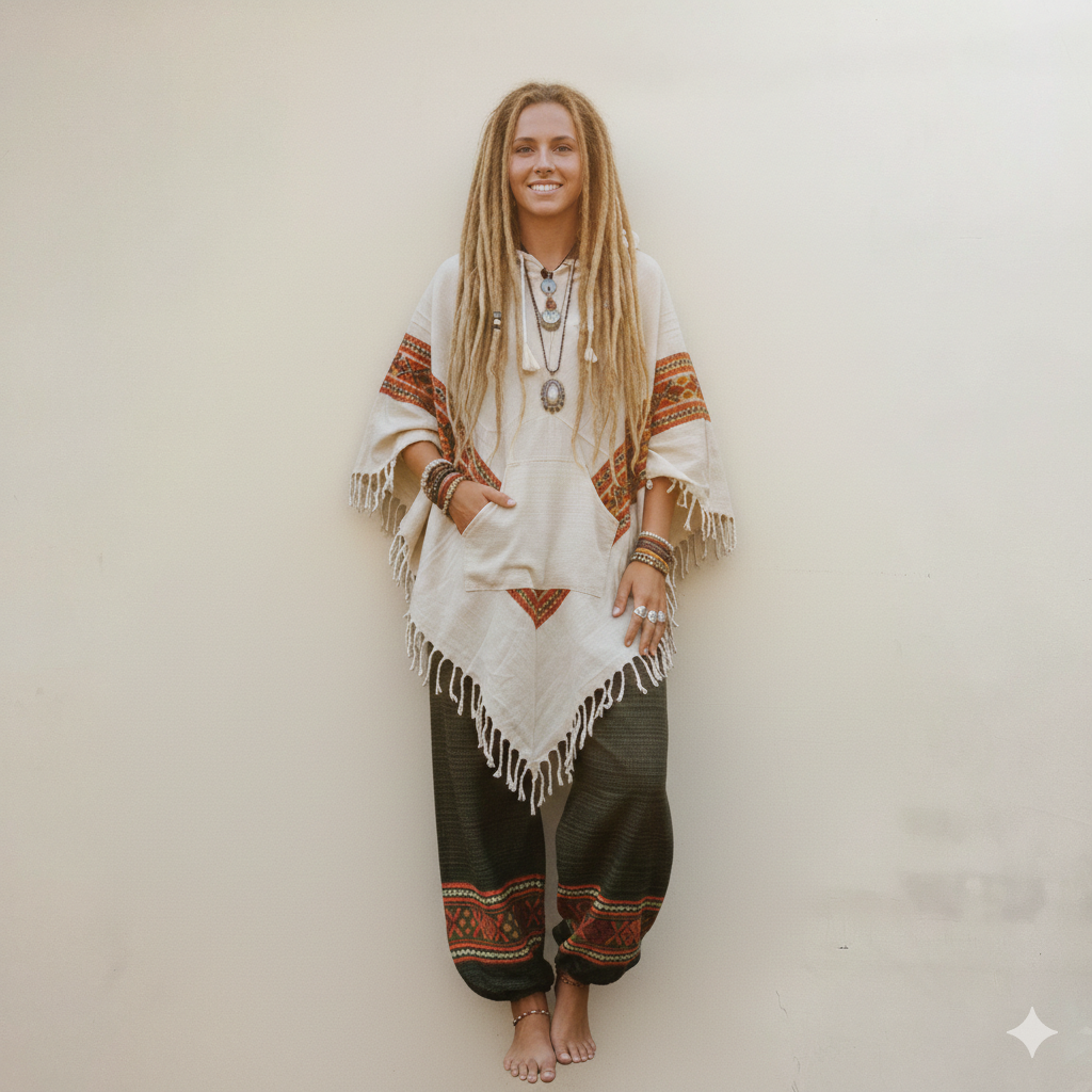 Combo Set - Kullu Poncho + Woollen Pants (Cream+ Green)