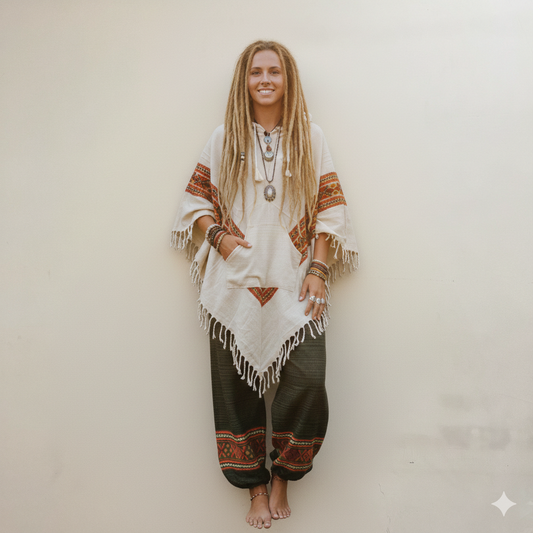 Combo Set - Kullu Poncho + Woollen Pants (Cream+ Green)