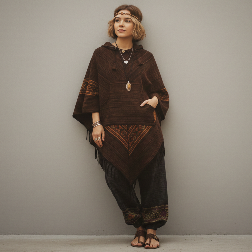 Combo Set - Kullu Poncho + Woollen Pants (Brown+ Black)