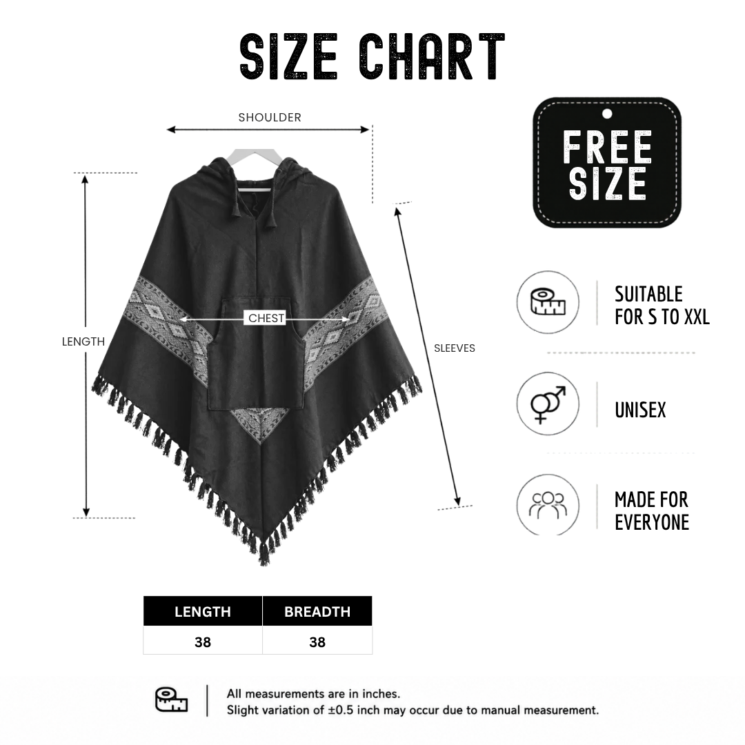 Pahadi Kullu Poncho with Hood - Black