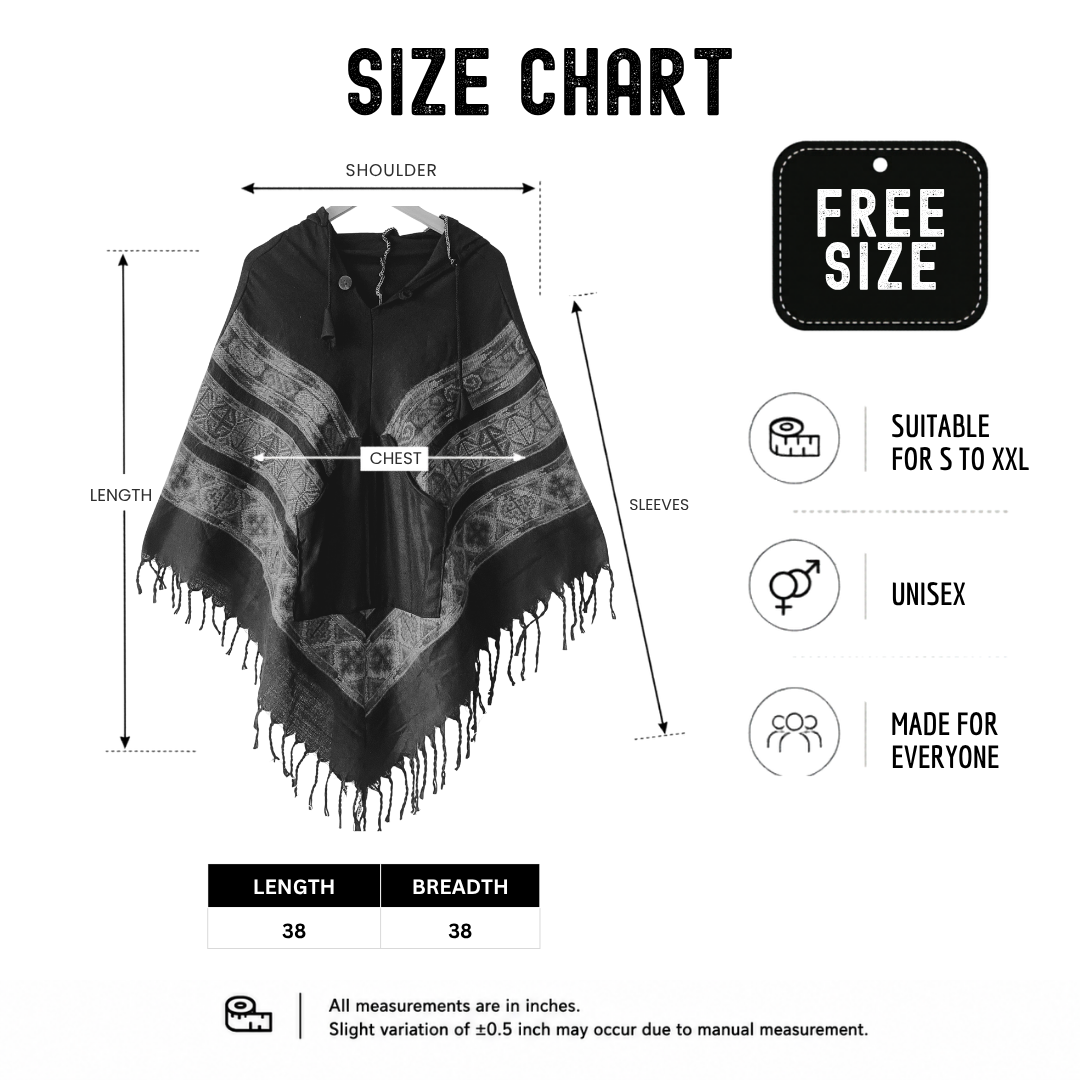 Pahadi Kullu Poncho with Hood - Black
