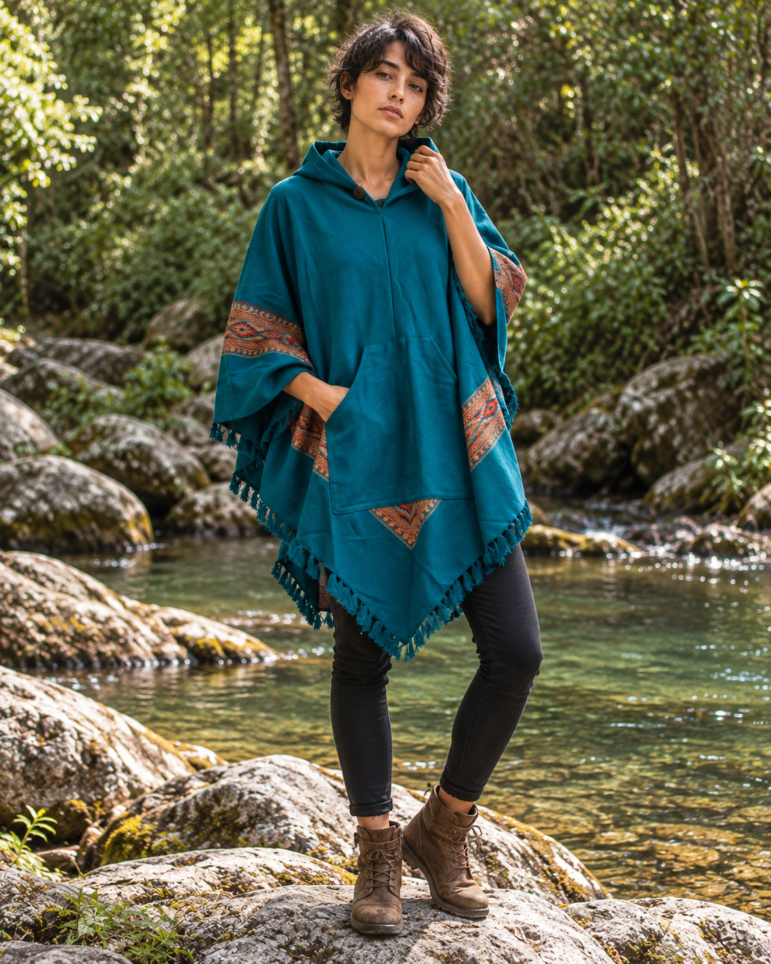 Pahadi Kullu Poncho- Firozi